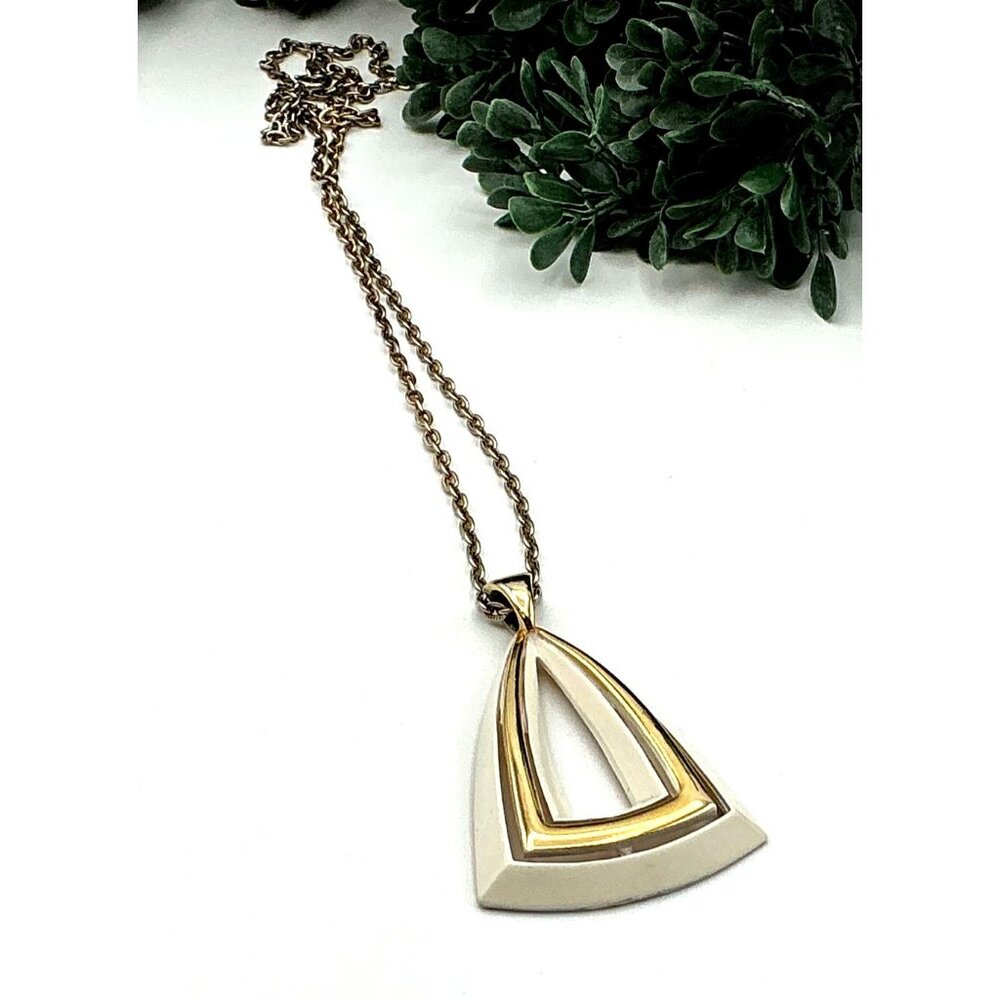 Vintage Gold & Cream Geometric Pendant Necklace With Long Chain by L Razza